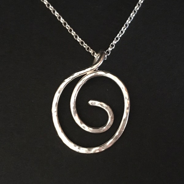 Sterling Silver Swirl Necklace, 925 Silver Long Spiral Pendant, Hammer Textured  Jewellery Gift or Her, Geometric Necklace