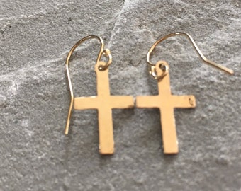 Gold Cross Dangle Earrings, Gold Filled Christian Jewellery