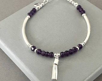 Amethyst Tassell Bracelet, Sterling Silver Slider Clasp Heart Charm Bracelet