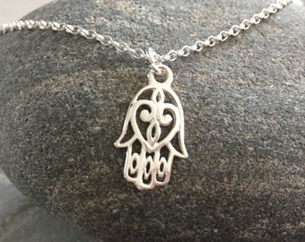 Hamsa Hand Charm Necklace, 925 Sterling Silver Hand of Fatima Pendant, Jewellery Gift, Layering Necklace
