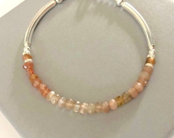 Peach Moonstone Beaded Noodle Bracelet, Sterling Silver Bangle Bracelet, Jewellery Gift for Her