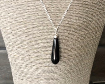 Black Onyx Teardrop Necklace, Sterling Silver Long Gemstone Pendant, Black Stone Jewellery, Minimalist Jewellery Gift for Her