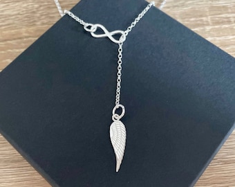 Sterling Silver Angel Wing Lariat Necklace: Infinity 'Y' Pendant