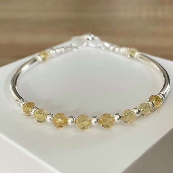 Sterling Silver Citrine Bracelet, Adjustable Slider Clasp Noodle Bracelet