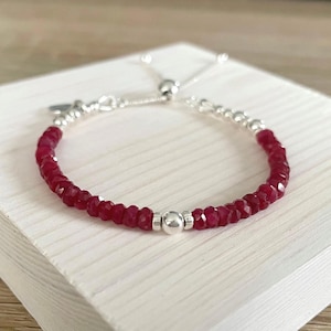 Ruby Beaded Heart Charm Bracelet: Sterling Silver Adjustable Slider Clasp, July Birthstone Jewellery, Gift for Her