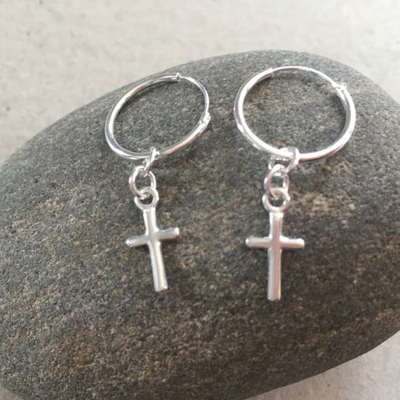 Sterling Silver Hoop Cross Charm Earrings, Silver Hoops