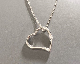 Sterling Silver CZ Heart Necklace, Cubic Zirconia Jewellery Gift, Silver Heart Pendant