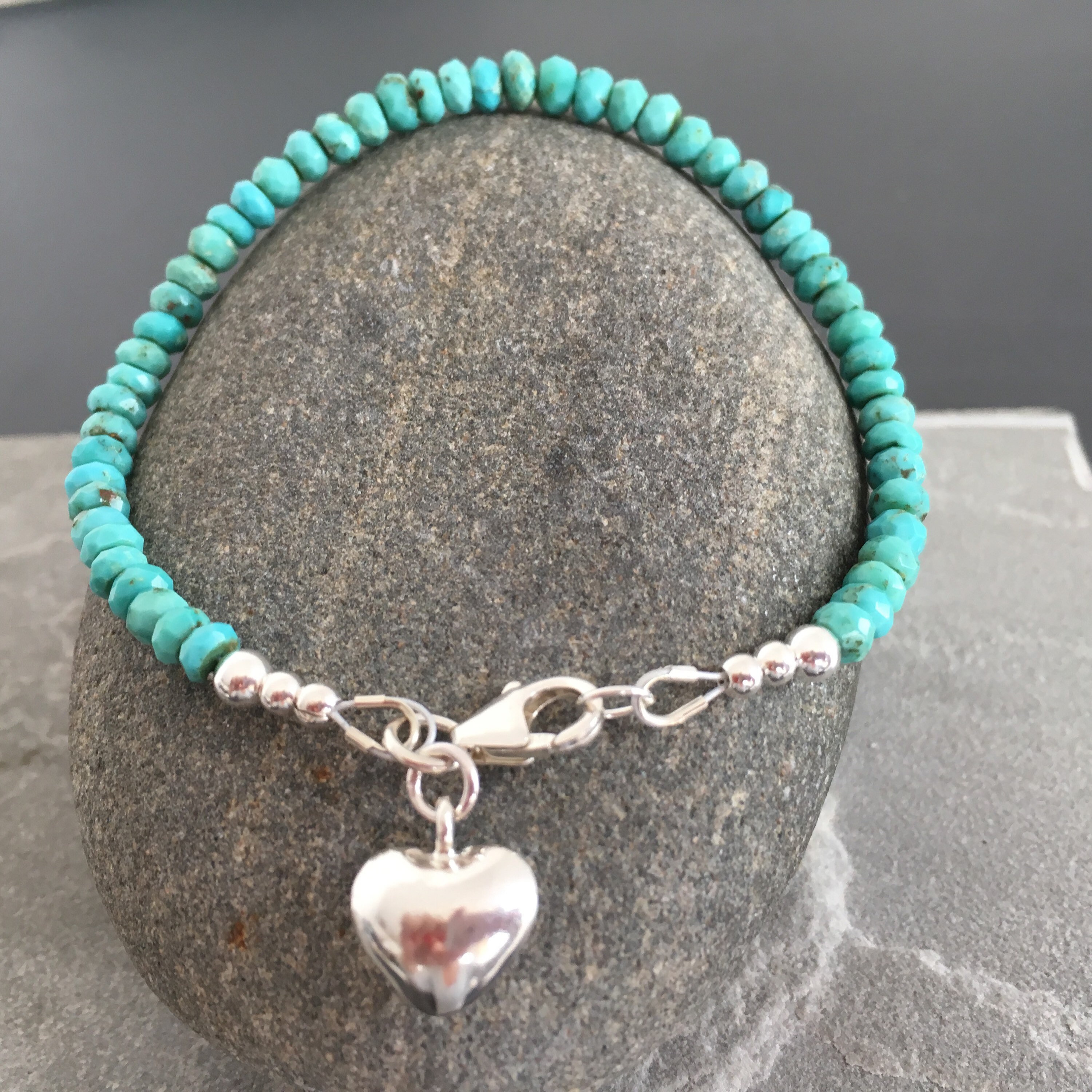 Turquoise Heart Charm Bracelet Sterling Silver Beaded Etsy