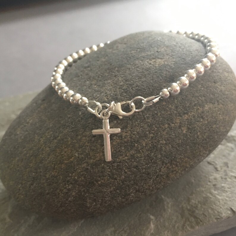 925 Silver Ball Jewellery Gift Minimalist Modern Stackable Jewelry Sterling Silver Cross Charm Beaded Bracelet