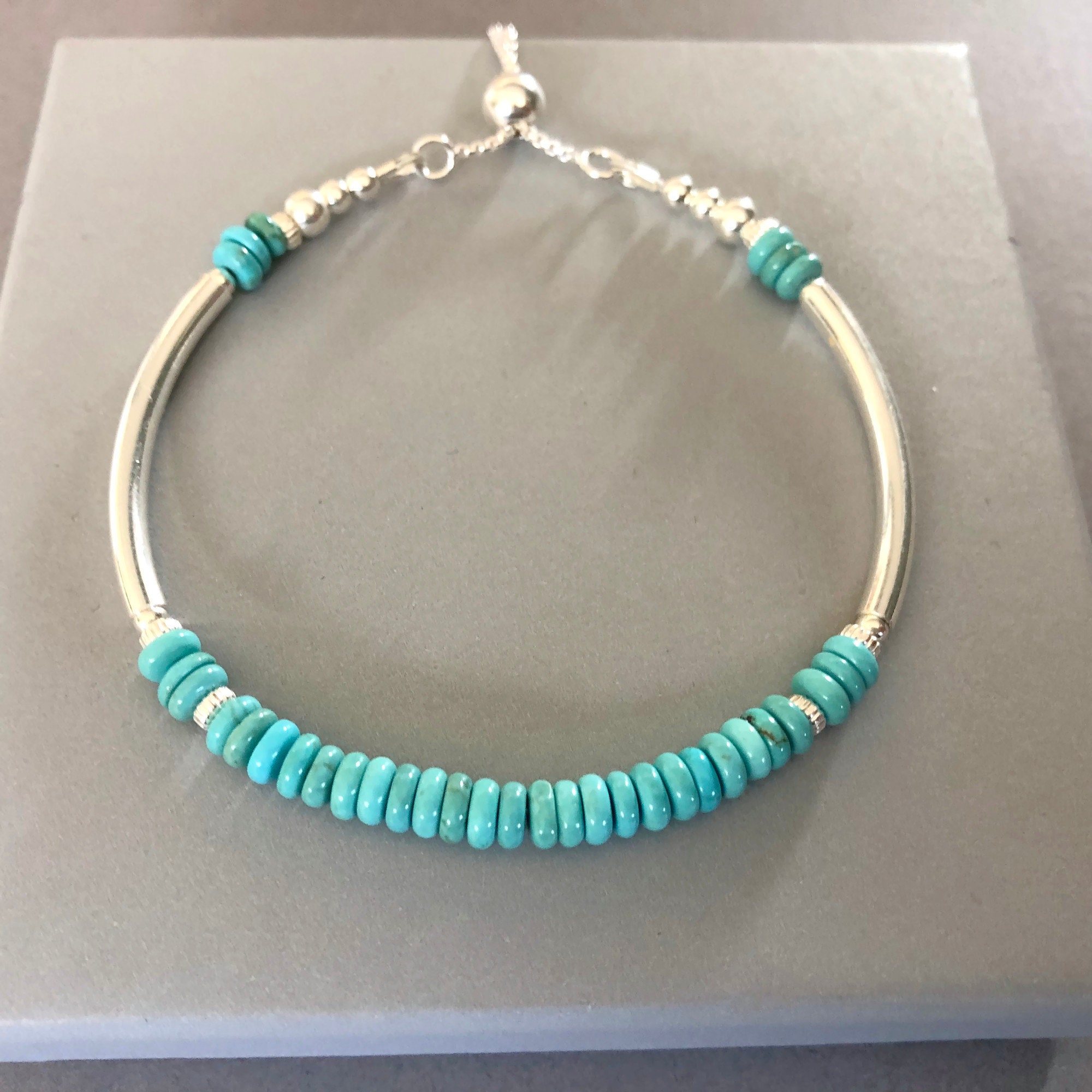 Turquoise Sterling Silver Noodle Bracelet Adjustable Slider | Etsy