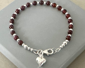 Garnet Heart Charm Bracelet, Sterling Silver Gemstone Beaded Bracelet, January Birthstone, Jewelry Gift