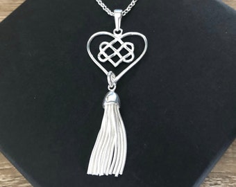 Heart Tassel Sterling Silver Necklace, Celtic Heart Fringe Pendant