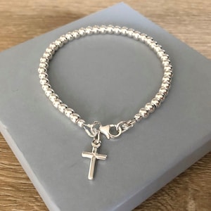 Sterling Silver Cross Charm Bracelet, Sterling Silver Beaded Ball Bracelet
