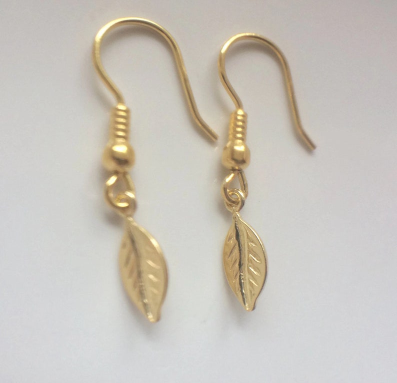 Minimalist Jewelry Gold Dangle Leaf Earrings Yellow Gold Plated over Sterling Silver Jewellery Gift