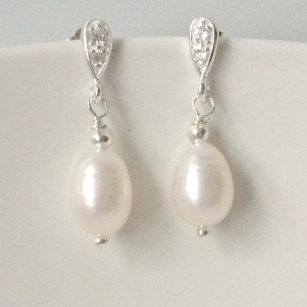 Sterling Silver White Pearl CZ Stud Dangle Earrings, Cubic Zirconia Jewellery Gift For Her, Bridal Jewelry