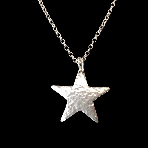 Hammer Texture Sterling Silver Star Charm Necklace, 925 Silver Star Pendant, Jewelry Gift