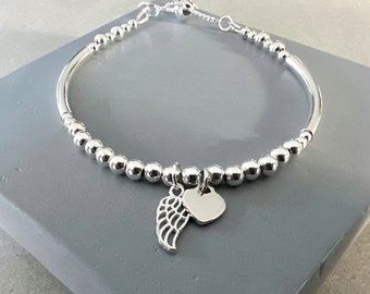 Sterling Silver Heart Angel Wing Bracelet, Adjustable Slider Ball Clasp Noodle Bracelet