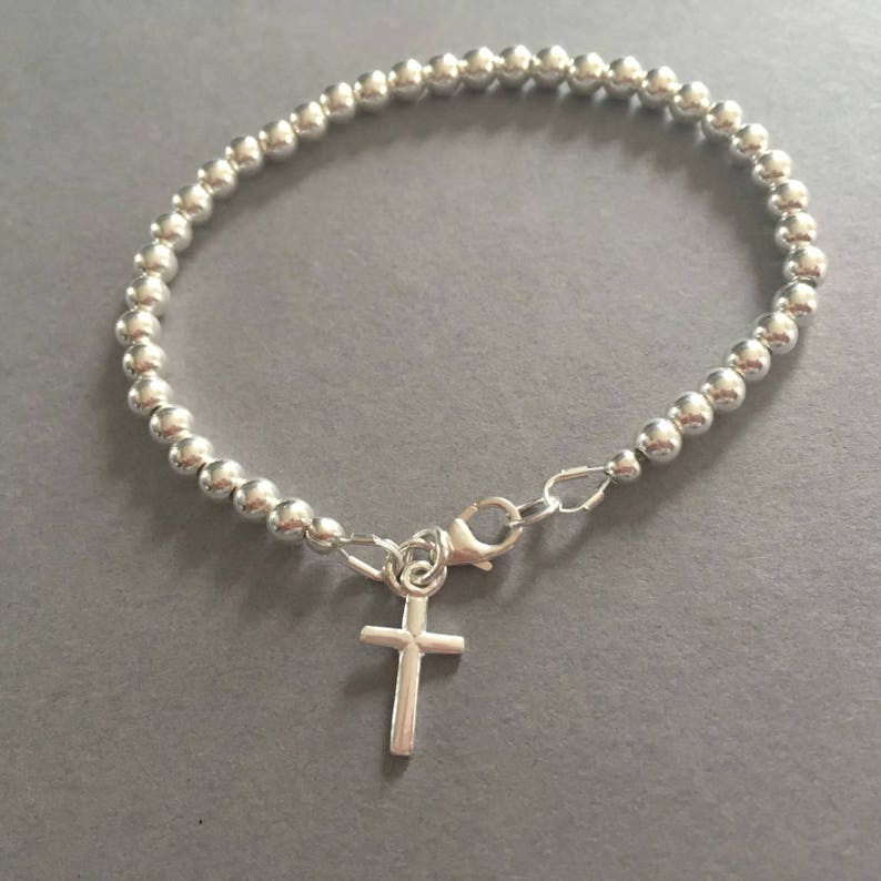 925 Silver Ball Jewellery Gift Minimalist Modern Stackable Jewelry Sterling Silver Cross Charm Beaded Bracelet