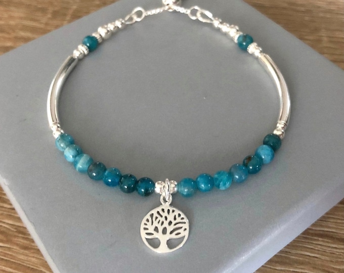 Teal Blue Apatite Gemstone Bracelet, Sterling Silver Tree of Life Charm Noodle Bracelet