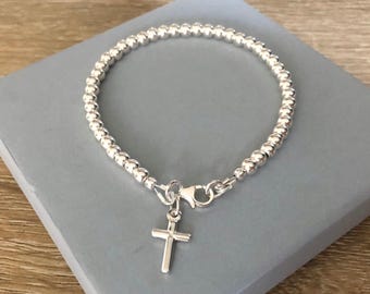 Sterling Silver Cross Charm Bracelet: Beaded Ball Bracelet, Jewelry Gift for Her