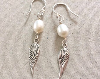 Angel Wing Pearl Earrings, Sterling Silver Long Charm Earrings