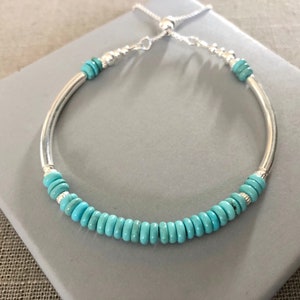 Turquoise Sterling Silver Noodle Bracelet, Adjustable Slider Clasp ...