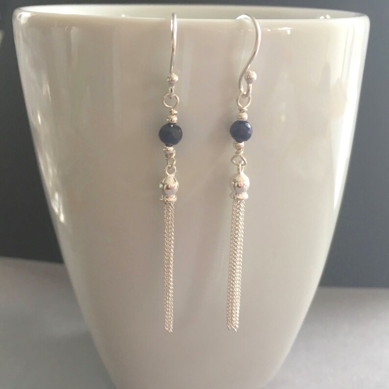Blue Sapphire Sterling Silver Tassel Earrings 925 Silver Long Etsy UK