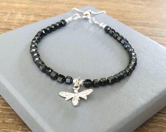Hämatit Bienen Armband: Sterling Silber Schieber, verstellbarer Metalic Schwarz Grauer Edelsteinschmuck