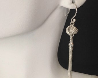 925 Silver Love Knot Tassel Earrings, Sterling Silver Long Fringe Earrings