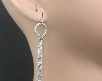 Long Bar Circle Sterling Silver Textured Earrings, 925 Silver Rectangle Geometric Jewellery Gift, Dangly Earrings