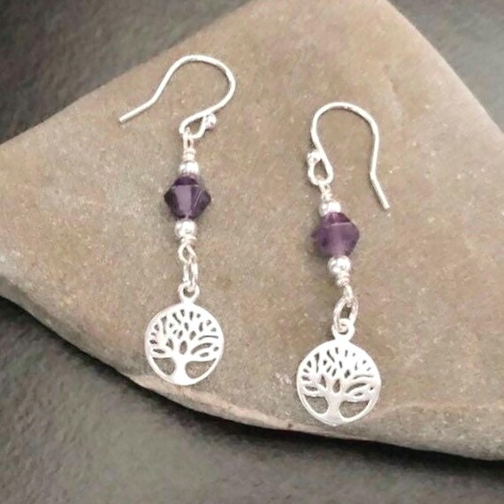 Boucles D'oreilles Améthyste Arbre De Vie - Crochets Argent 925 - Neuves Avec étiquettes