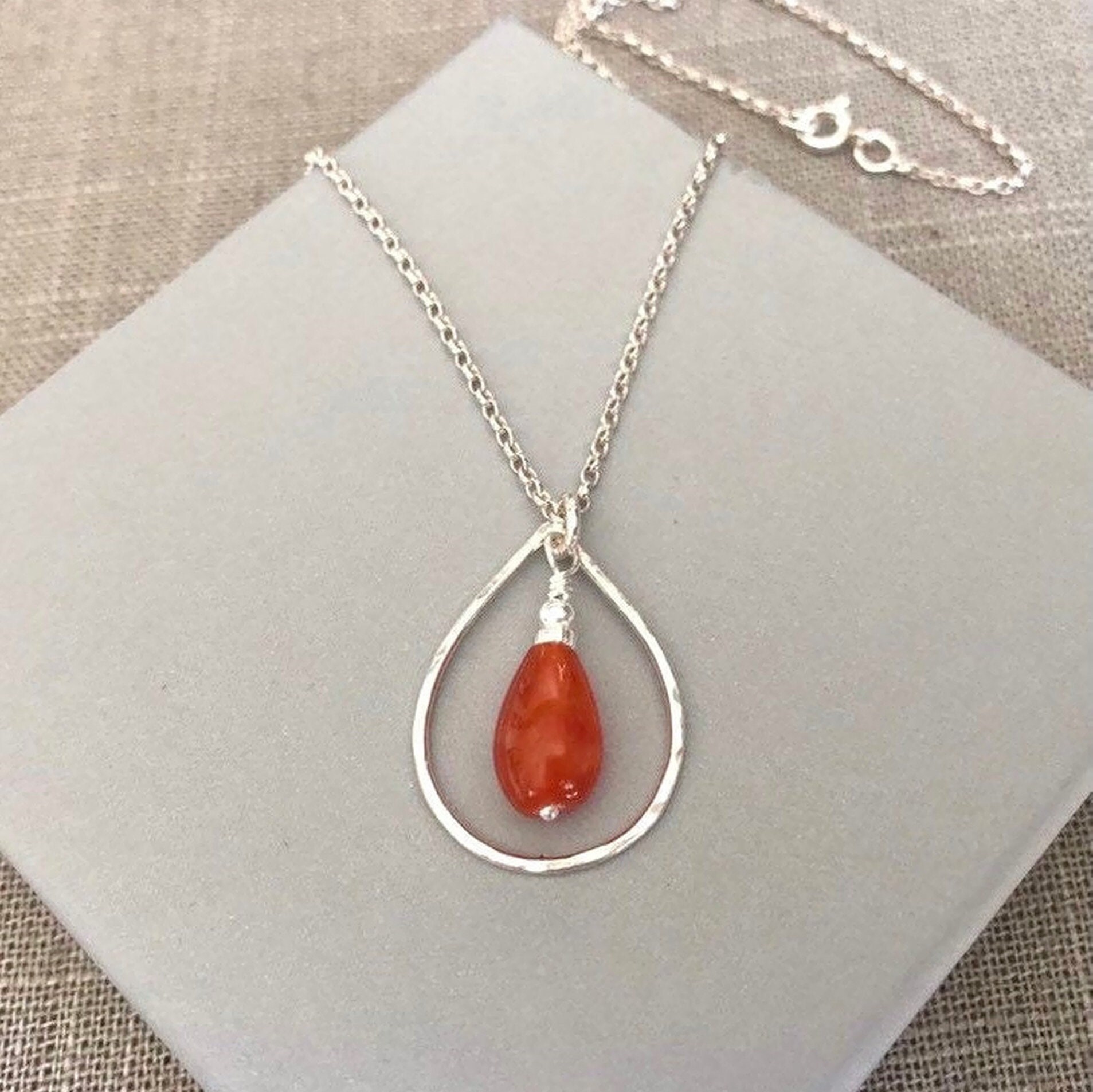 Sterling Silver Orange Chalcedony Teardrop Necklace, Hammer