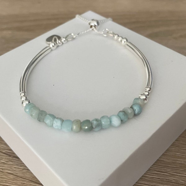 Blue Larimar Heart Charm Bracelet, Sterling Silver Adjustable Slider Clasp Noodle Bracelet