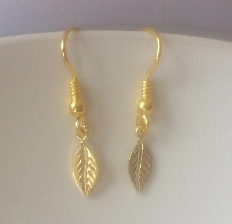 Minimalist Jewelry Gold Dangle Leaf Earrings Yellow Gold Plated over Sterling Silver Jewellery Gift