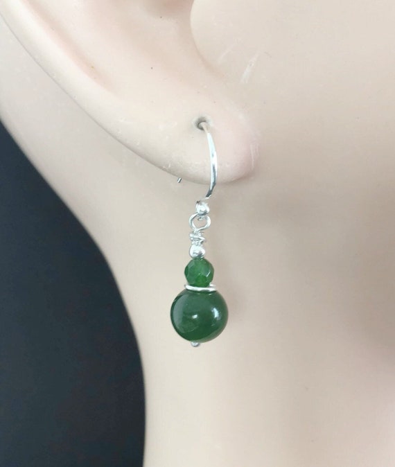 Sterling Silver Dark Green Jade Dangle Earrings Sterling Silver Dark Green Jade Dangle Earrings
