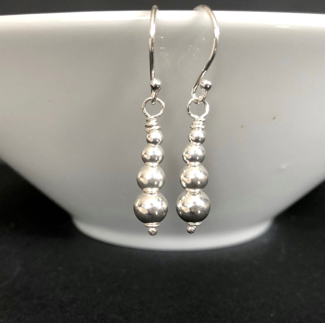 Sterling Silver Ball Earrings, Long Dangle Sterling Silver Bead