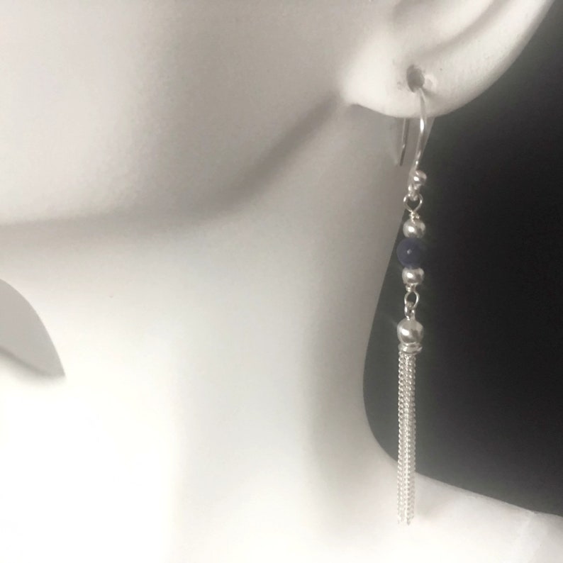 Blue Sapphire Sterling Silver Tassel Earrings September Birthstone Jewelry Sapphire Jewellery Gift 925 Silver Long Tassel Earrings