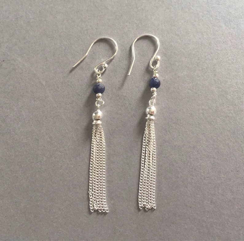 Blue Sapphire Sterling Silver Tassel Earrings September Birthstone Jewelry Sapphire Jewellery Gift 925 Silver Long Tassel Earrings