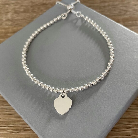 Sterling silver beaded heart adjustable bracelet discount