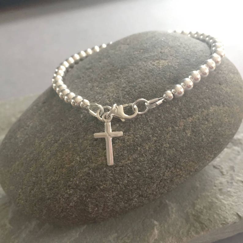 925 Silver Ball Jewellery Gift Minimalist Modern Stackable Jewelry Sterling Silver Cross Charm Beaded Bracelet