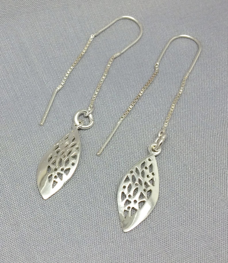 Chain Earrings Contemporary Jewellery Silver Jewelry Sterling Silver Threader Long Dangle Leaf Earrings Long Leaf Earrings