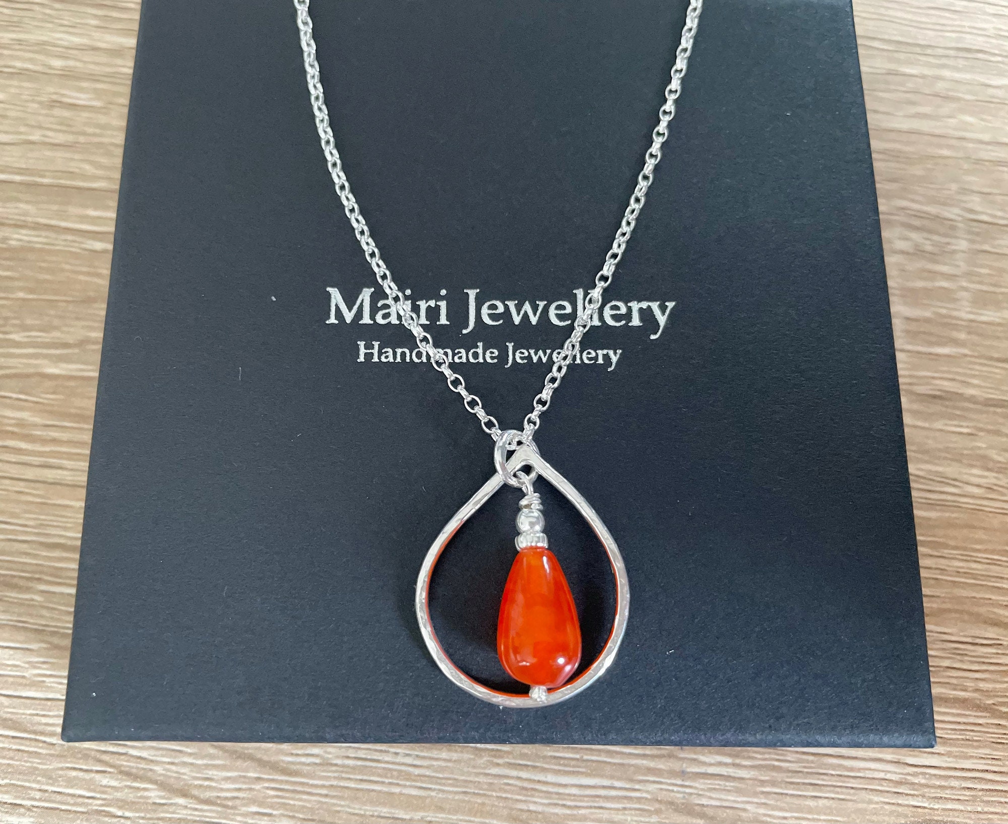 Sterling Silver Orange Chalcedony Teardrop Necklace, Hammer