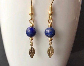 Gold Lapis Lazuli Leaf Dangle Earrings,  Gold Plated over Sterling SilverRoyal Navy Blue Gemstone Jewellery Gift,