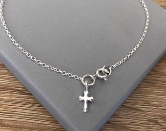 Sterling Silver Cross Charm Anklet, 925 Silver Chain Ankle Bracelet, Beach Jewellery, Summer Jewelry