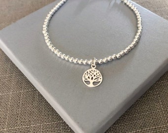 Sterling Silver Tree Of Life Charm Bracelet, Adjustable Slider Clasp Beaded Ball Bracelet, Modern On Trend 925 Birthday Gift For Her