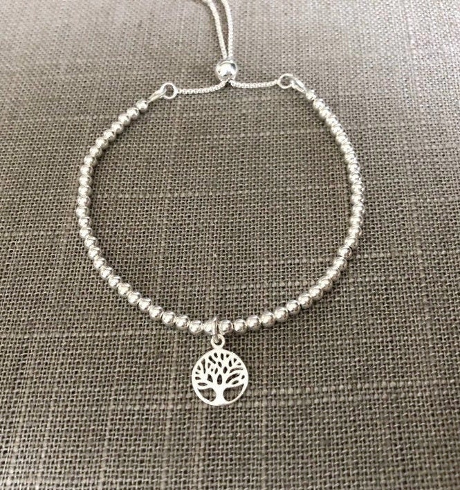 Sterling Silver Tree of Life Charm Bracelet: Adjustable Beaded Ball ...