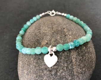 Green Agate Heart Charm Bracelet, Sterling Silver Beaded Bracelet, Personalised Jewelry Gift for Her, Agate Gemstone Jewellery