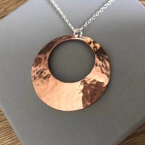 Hammer Textured Copper Circle Necklace, Sterling Silver Mixed Metal Pendant, Jewellery Gift For Her, 925 Silver Chain