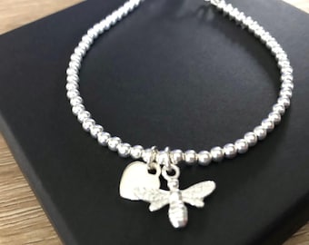 Sterling Silber Bienen Herz Bettelarmband: Verstellbarer Schieber