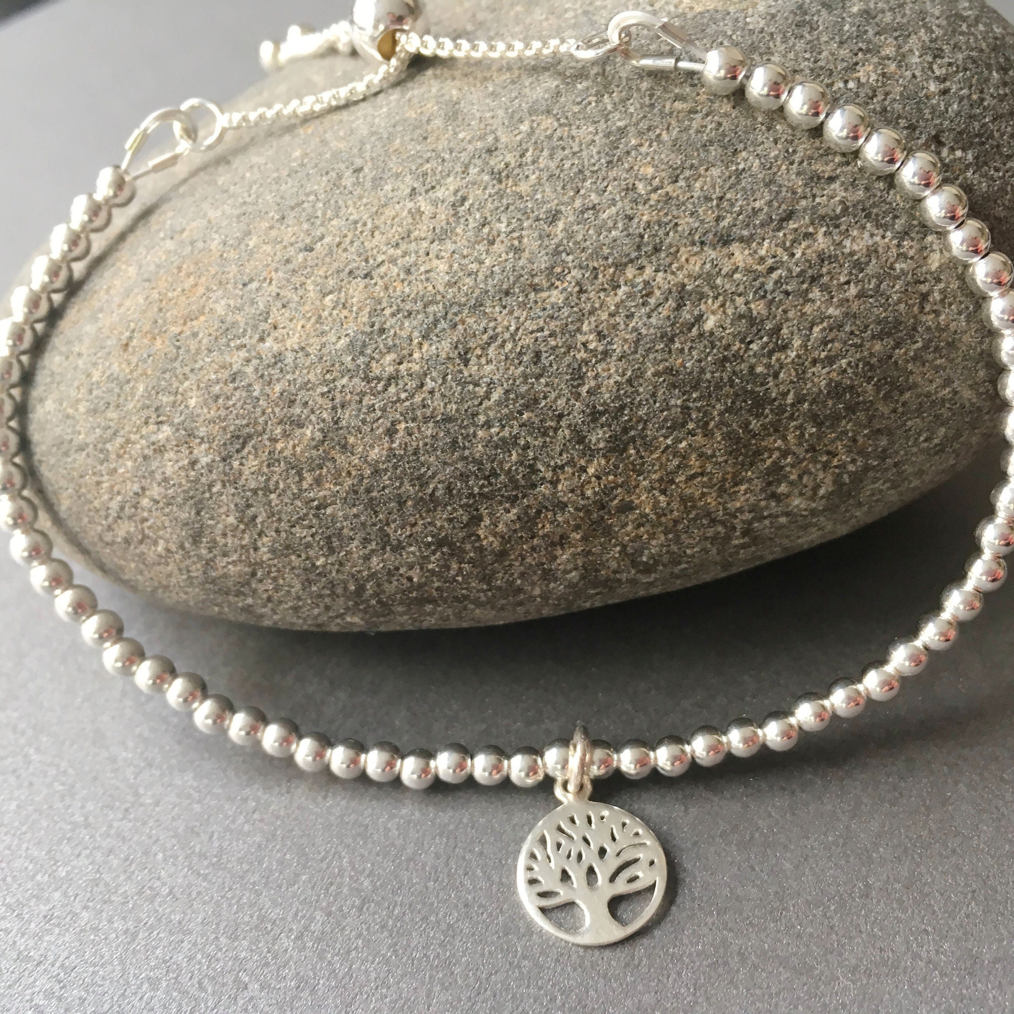 Sterling Silver Tree of Life Charm Bracelet: Adjustable Beaded Ball ...